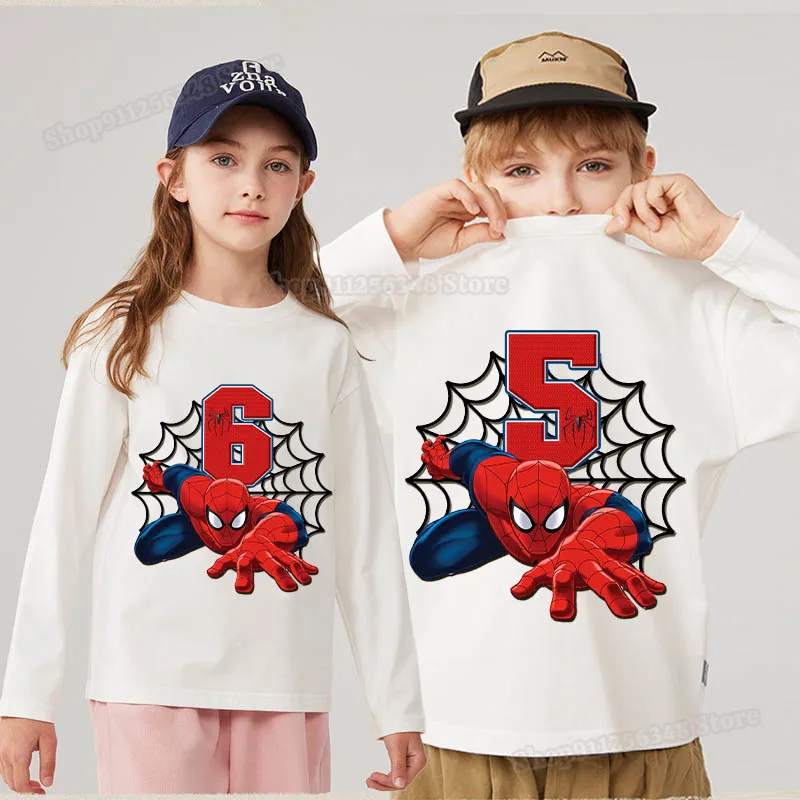 Marvel Hero Spiderman 1 2 3 4 5 6 7 8 9 Number Print T-shirt for Kids Happy Birthday Gift Long Sleeve Tees Cotton Pullover Tops