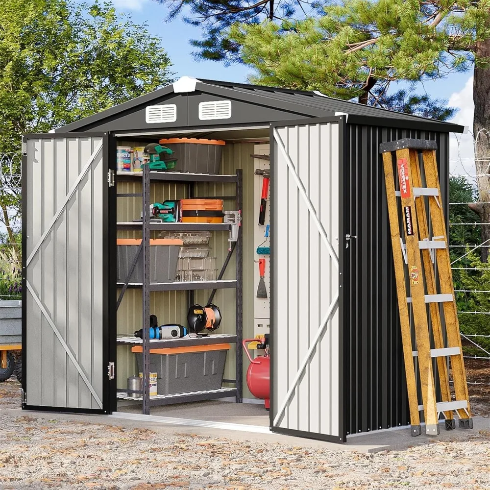 

6x4 FT Outdoor Storage Shed, Metal Garden Tool Shed with Sloping Roof & Lockable Door for Patio Lawn Backyard (Black)