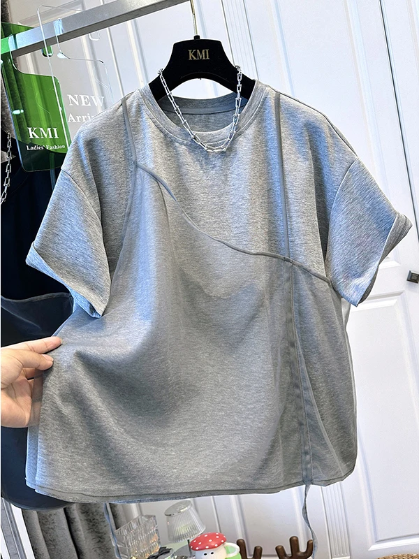 YuFei Station Irregular Mesh Splicing Short Sleeve T-Shirt Women's Top Personalized Super Popular Summer Wear Casual Style Lo...
