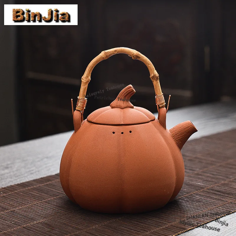850ml Zhu Mud Pumpkin Hoop Handle Boiling Water Kettle Large Capacity Tea Brewing Pot Herbal Medicine Kettle Tea Services Gifts