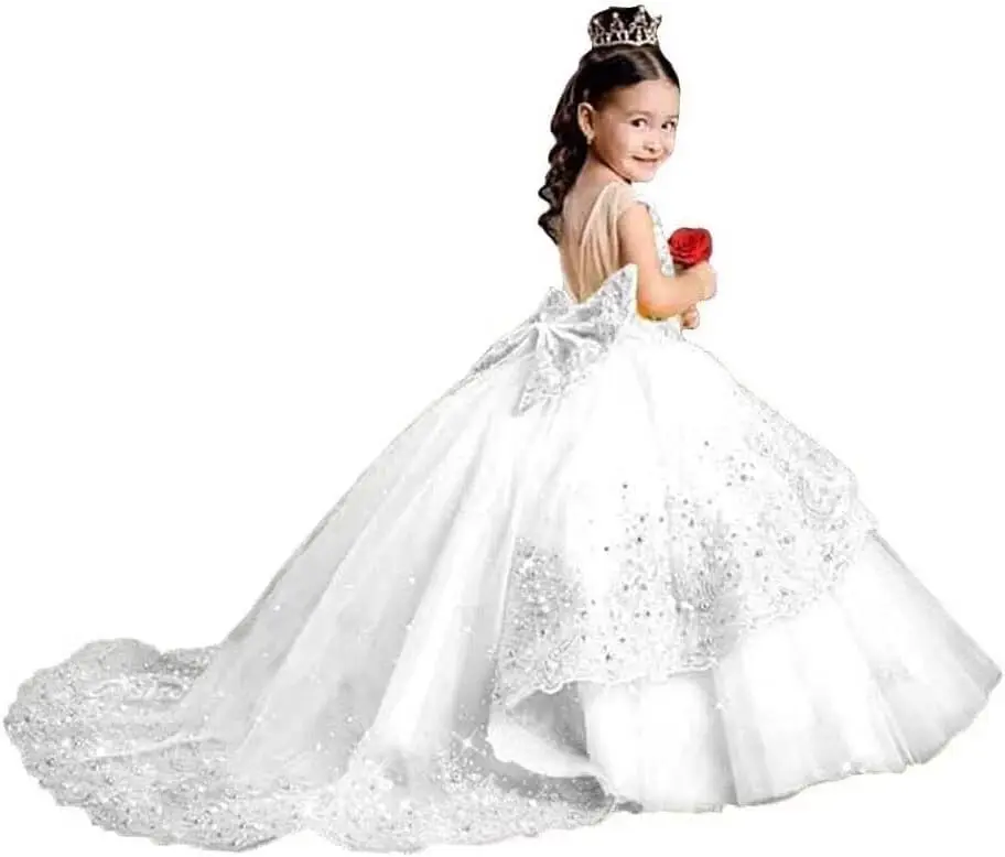 Vestidos de niña de flores para boda, apliques de lentejuelas, vestidos de desfile para niña, vestido Formal de encaje con vestido de niña Trian