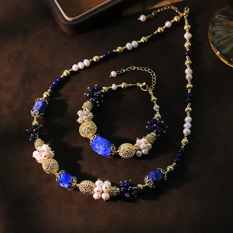 

Natural Freshwater Pearl Lapis Lazuli Copper Bead Set Luxurious Design Wedding Set Accessories Banquet Women's Jewelry GS0213