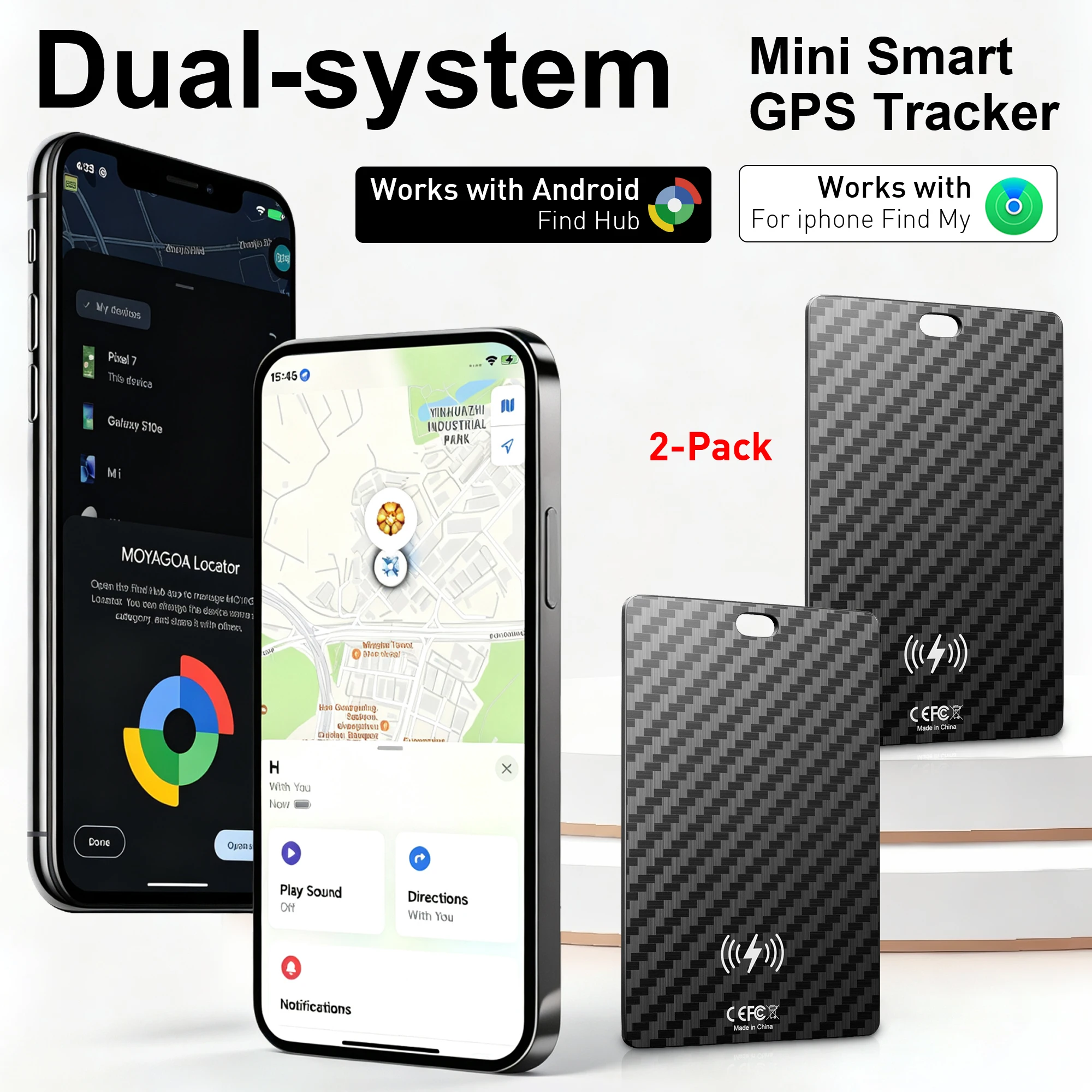 2 Pack Carbon Fiber Wallet Card Finder Works with Find My iPhone & Android Locator Tracking for Backpack Keys Car Bicycle