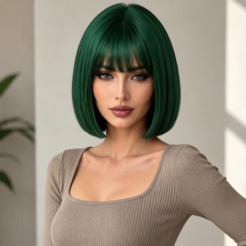 Dark green 12-inch wig, versatile and voluminous, suitable for women's cosplay, music festivals, everyday wear, and parties.