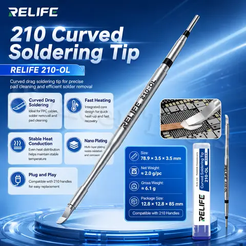 RELIFE 210-OL Curved Soldering Tip for Phone Tablet Repair PCB FPC Solder Pads Soldering Solder Removal Desoldering Tools