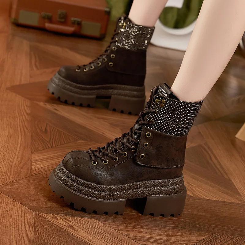 Fashionable Women's Winter New Style Rhinestone Short Boots Versatile with Plush Keep Warm and Internal Elevation 9CM Boots
