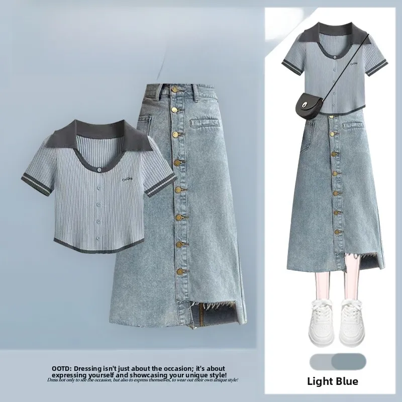 Retro Color Block Short Knitted Cardigan Short Sleeve T-Shirt Women Summer New Irregular Denim  Skirt Set Fashionable Two...
