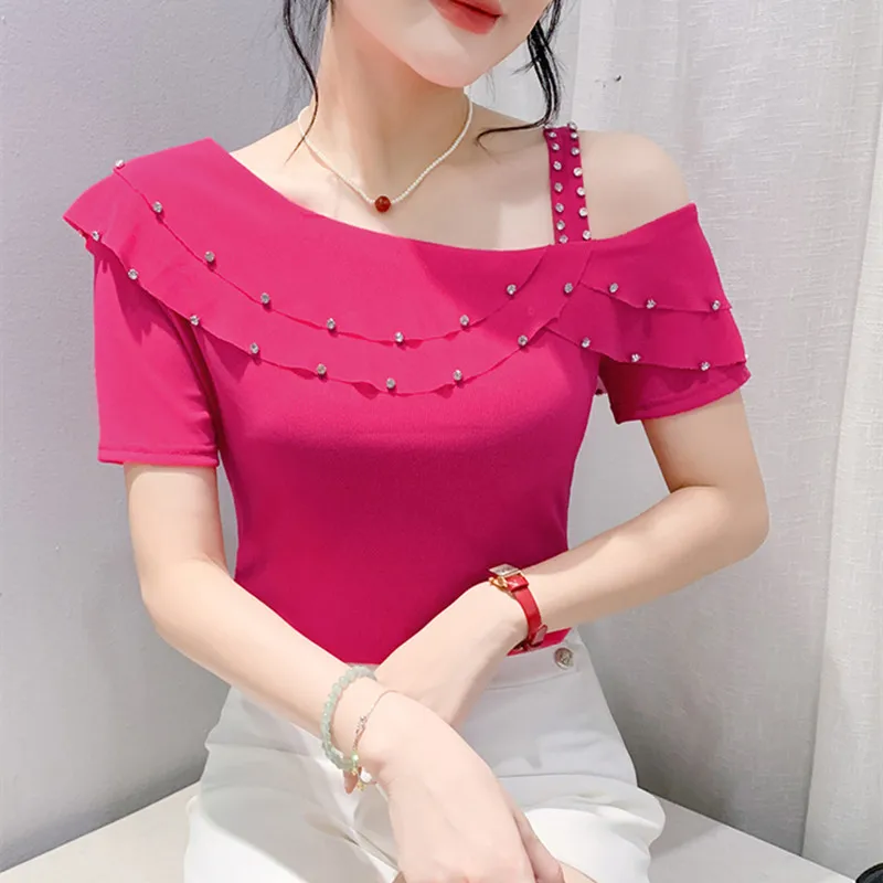 Fashion Ruffle Short Sleeve Off Shoulder Top For Women\'s 2024 Summer New Luxury Diamonds Asymmetric Collar Mesh T-shirt