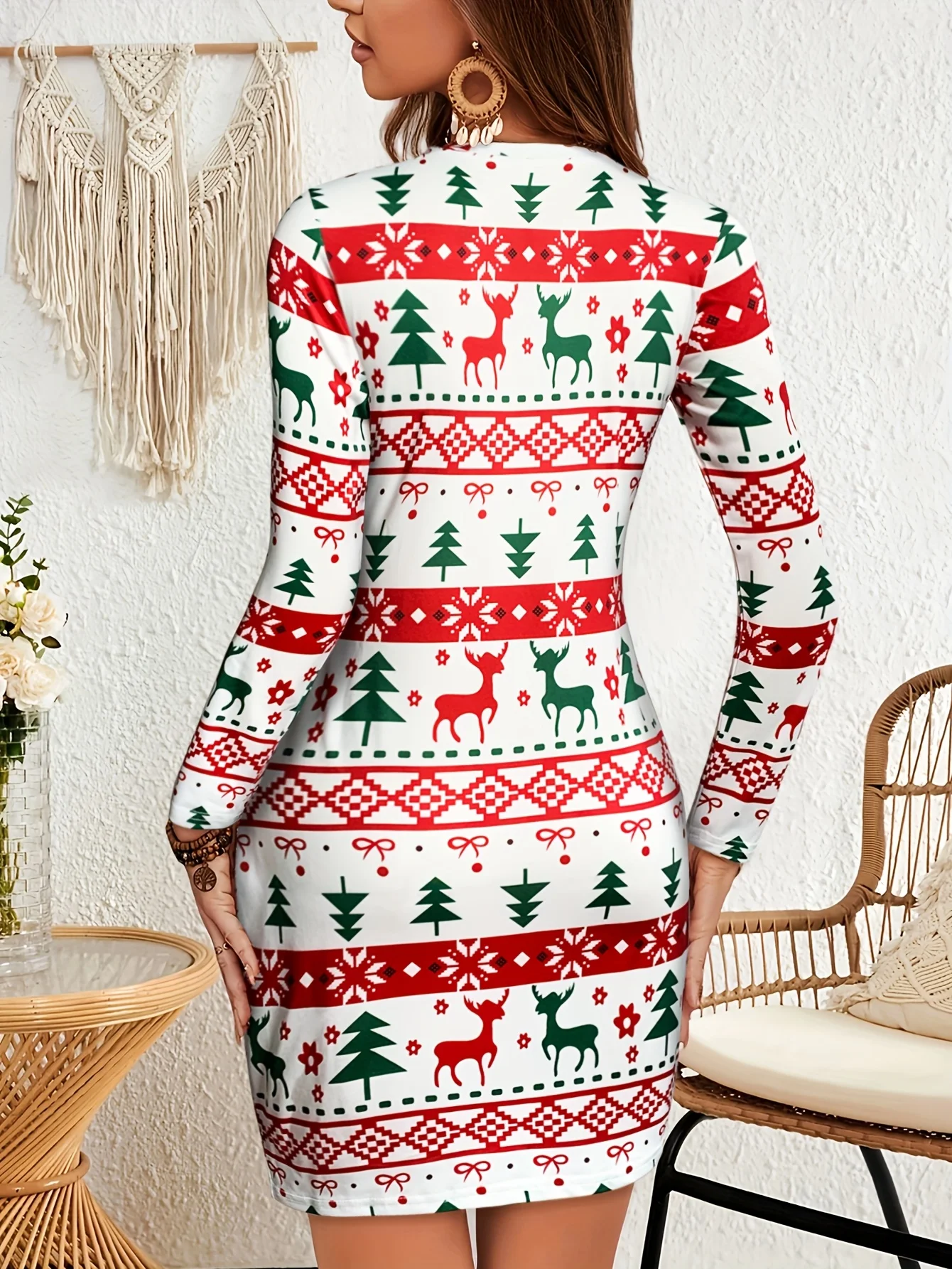 Outono/inverno Natal manga comprida feminino slim fit abraçando a quadril vestido