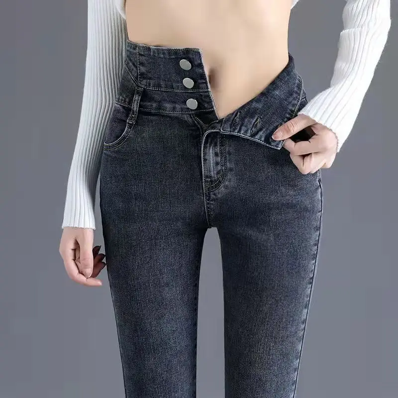 Korean Fashion Autumn Winter High Waist Fleece Pencil Jeans Women Solid Streetwear Vintage Casual Straight Slim Black Denim Pant