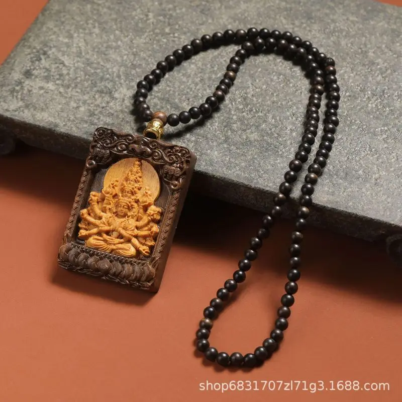 Agarwood 0.6mm bracelet paired with Barbie sandalwood Thousand-Armed Guanyin protective wooden carving small ornament