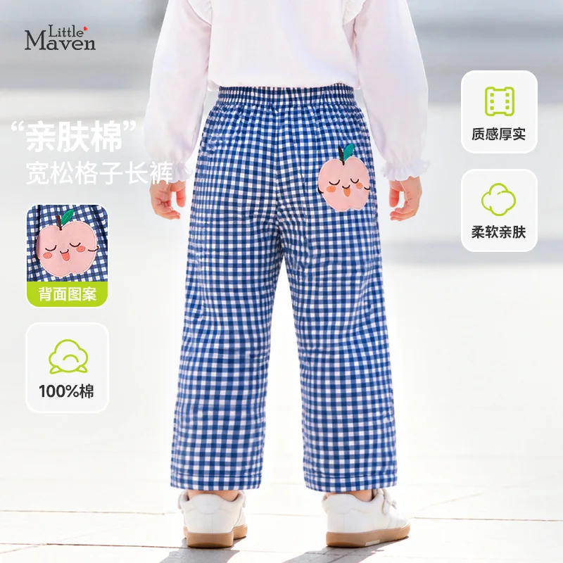 Little Toddler Girls Plaid Wide Leg Pants 100% Cotton Cartoon Peach Appliqué Trousers Elastic Waist Kids Casual Long Pants