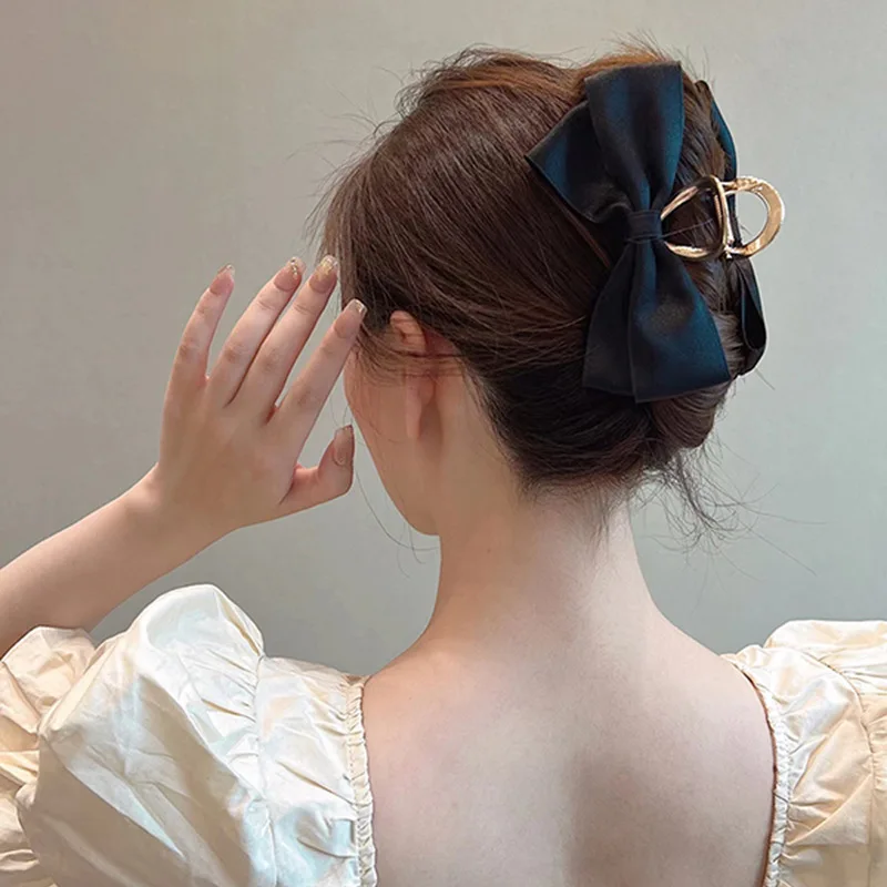 Black Satin Bow Clip WOMEN\'S Summer Headwear Simple Temperament Hair Clip Back of the Head Shark Clip