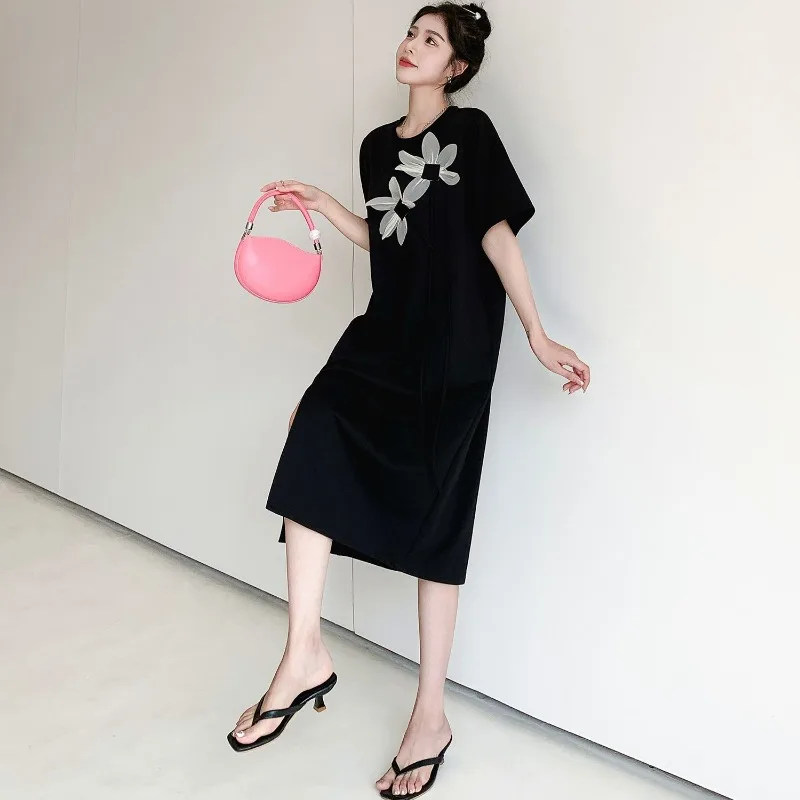 T-shirt da donna con spacco incrociato al ginocchio di media lunghezza Abito lungo Moda estiva Patchwork Chic Abiti floreali a maniche corte