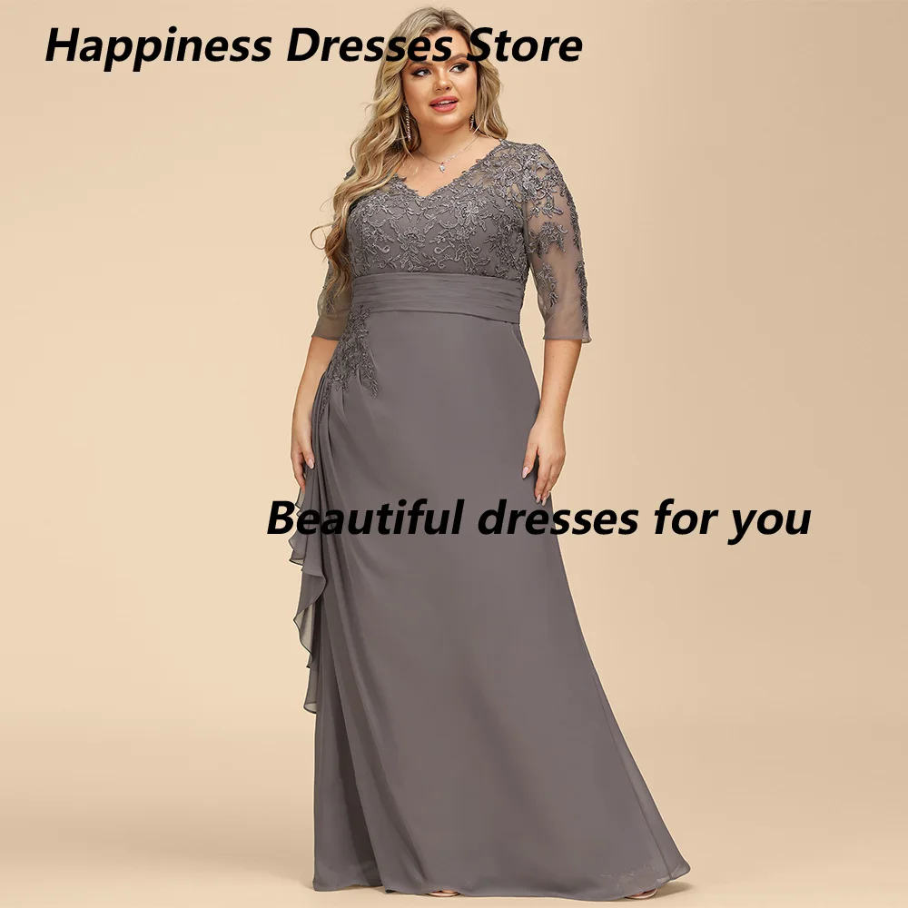 Abito grigio per la madre della sposa con scollo a V maniche a 3/4 con applicazioni di perline in chiffon A Line Abito da cerimonia per invitati Abiti da sera personalizzati