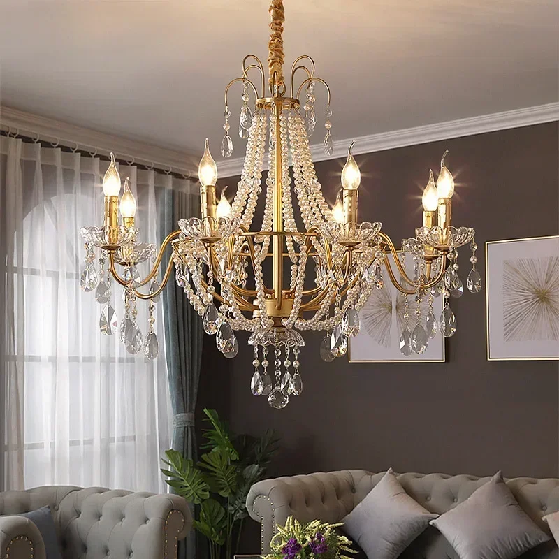 American Crystal Lamp French Retro Style Pearl Chandelier Middle Villa for Living Room Dining Room Bedroom Duplex Chandelier