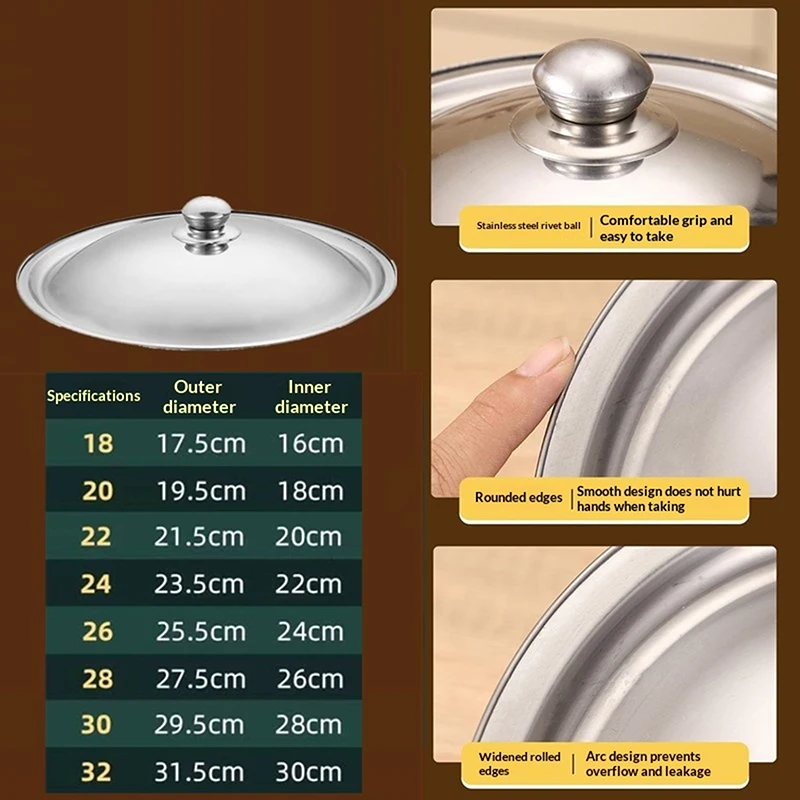 10-32Cm Stainless Steel Round Pot Lid Universal Replacement Frying Pan Cover Smooth Edge Dishwasher Safe For Skillet Wok Pot