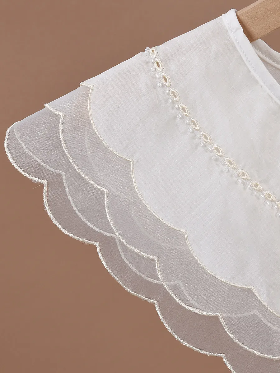 Light Layered Sheer Fake Collar Women Scalloped Lace Bow Pearl Detachable Spring Summer Versatile Shawl Plus Size Light Apricot