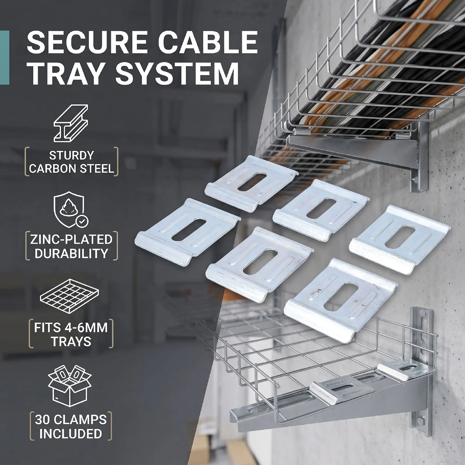 30 Pack Hold Down Clamps for Cable Tray Metal Wire Mesh Cable Tray Clamps for 4-6mm Diameter Cable Trays Zinc Plated Carbon
