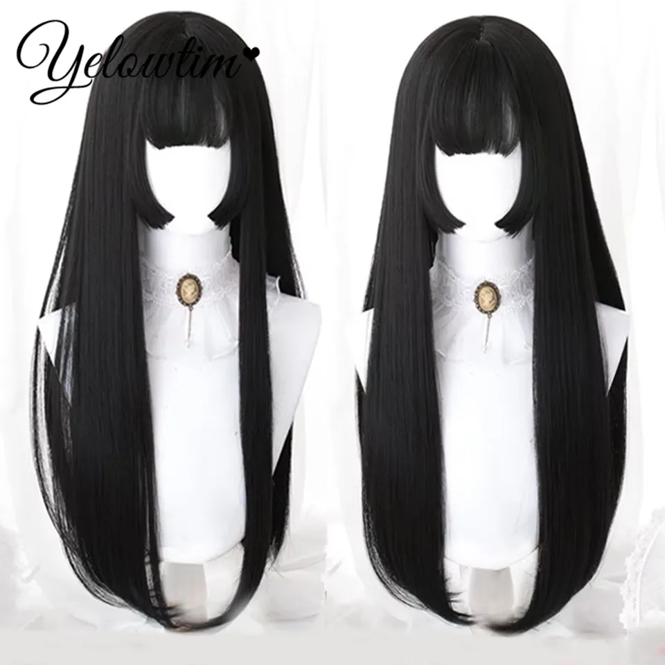 

LM Long Silky Straight Synthetic Wigs with Bangs Black Cosplay Party Lolita Hair Wigs for Women Natural Heat Resistant Wig