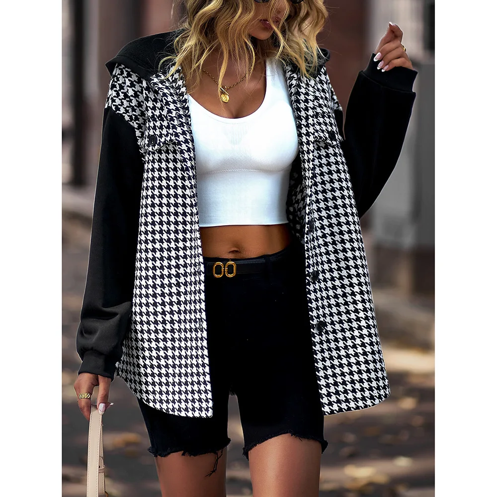 Temperament Commuter Women's Suit 2023 Spring and Autumn European and American Plaid Versatile Foldover Print  Drawstring  Coat