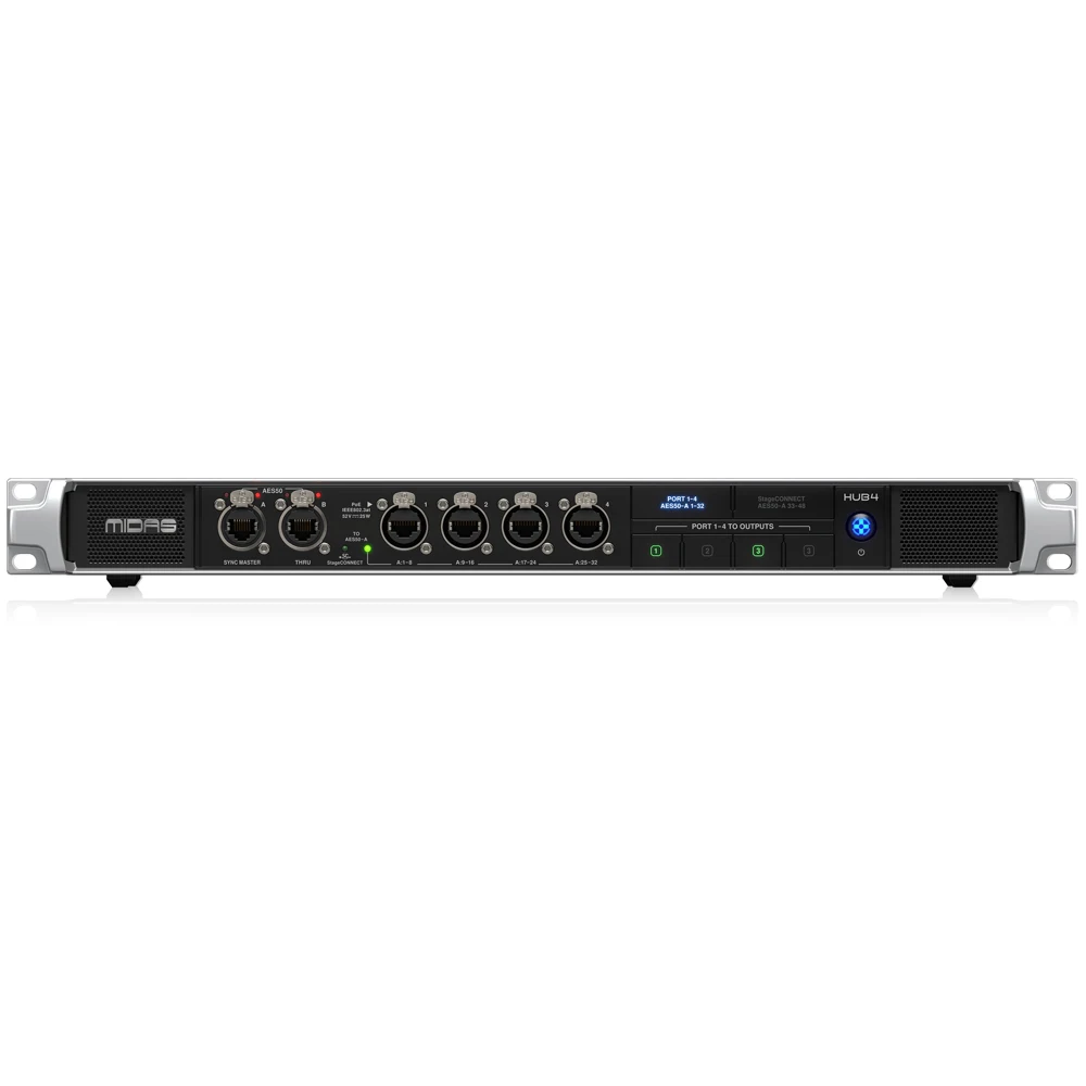 Midas HUB4 Personal Monitoring Hub with 4 PoE Port, AES50 Connectivity, Analog Outputs and StageCONNECT Output for Digital Mixer