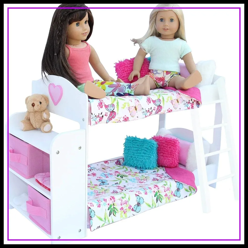 

23-Piece Doll Bunk Bed Set with Linens, Pajamas, and Shelves for 18-Inch Dolls