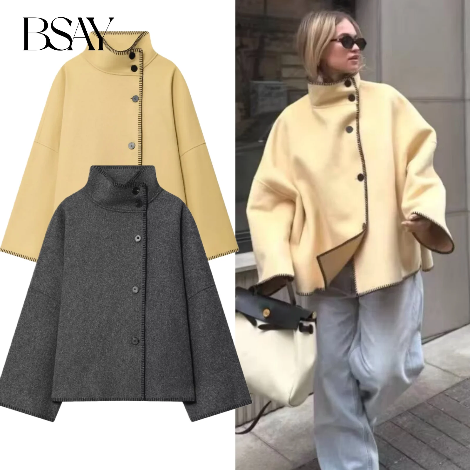 BSAY otoño nueva ropa de mujer 2025 nuevo producto chaqueta de manga larga de un solo pecho con dobladillo asimétrico francés y cuello alto