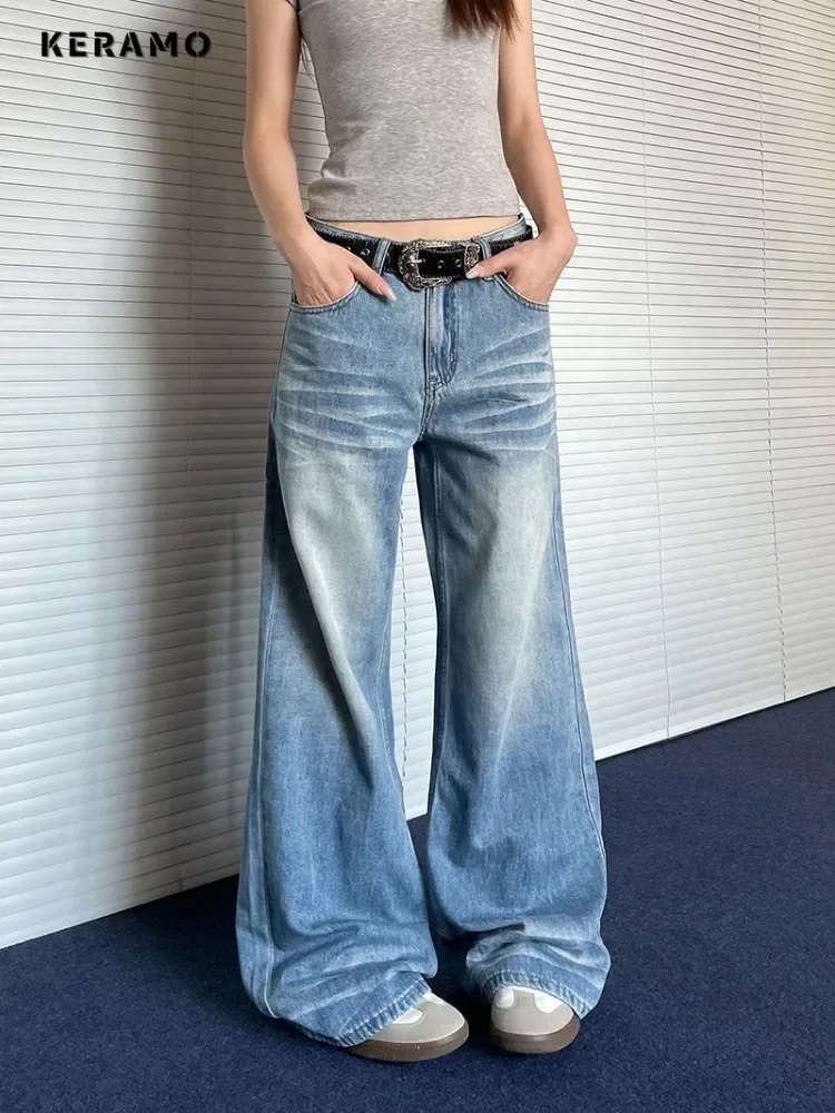 Y2K Wide Leg Punk Baggy Blue Denim Trouser 2024 Summer Women's Casual Harajuku Jeans Vintage Aesthetic Emo Loose Washed Pants