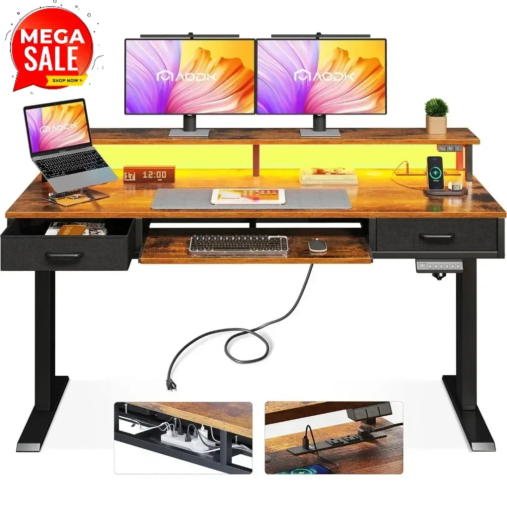 Hot-sellingElectric Standing Desk with Drawers & Keyboard Tray, 55 Inch Height Adjustable Gaming Desk with Power Outlets & LED L