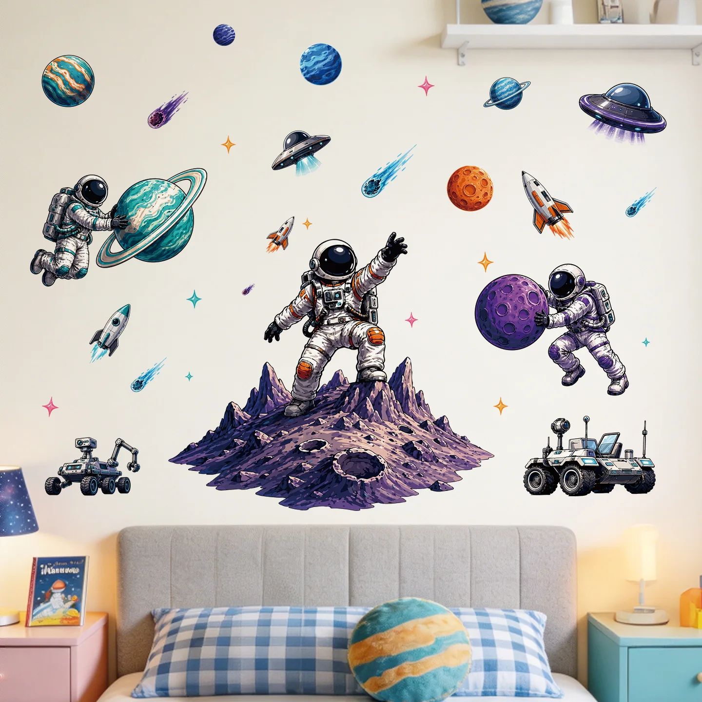 3D Creative Planetary Astronauts Wall Sticker Home Decor Cartoon Kids Room Bedroom Period Print Decal Mural Art Sky Poster Gift