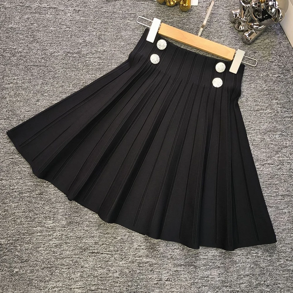 Saia de tricô linha A feminina, mini saia de comprimento, estilo que combina com tudo, monocromática, preto e branco, chique, luxo, design