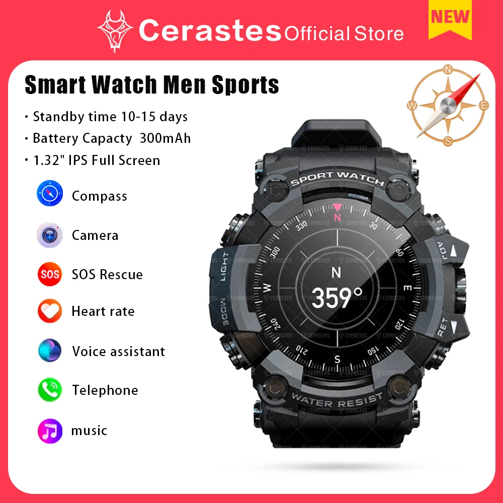 LOKMAT 1.32 Inch HD Bluetooth Call Smart Watch Men Sports Fitness Tracker compass 300mAh Smartwatch For Android IOS