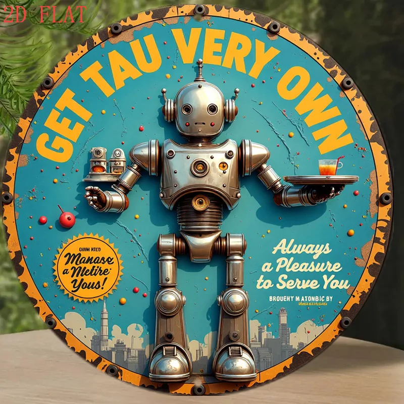 

[2D плоский] 8-дюймовый круглый алюминиевый настенный знак | Одиночный предмет декора: винтажный робот с напитком и игривым текстовым дизайном, праздничные подарки.