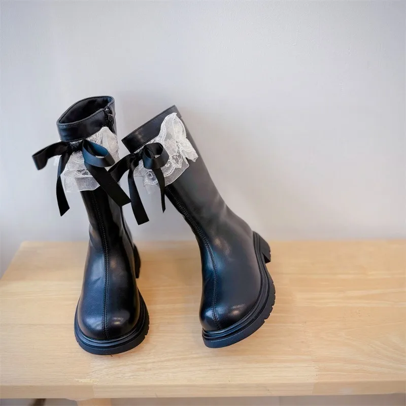 

Зимняя детская обувь, милые сапоги принцессы с кружевным бантом, модные сапоги для девочек на подкладке, теплые плюшевые сапоги до середины икры, уличные студенческие детские высокие сапоги