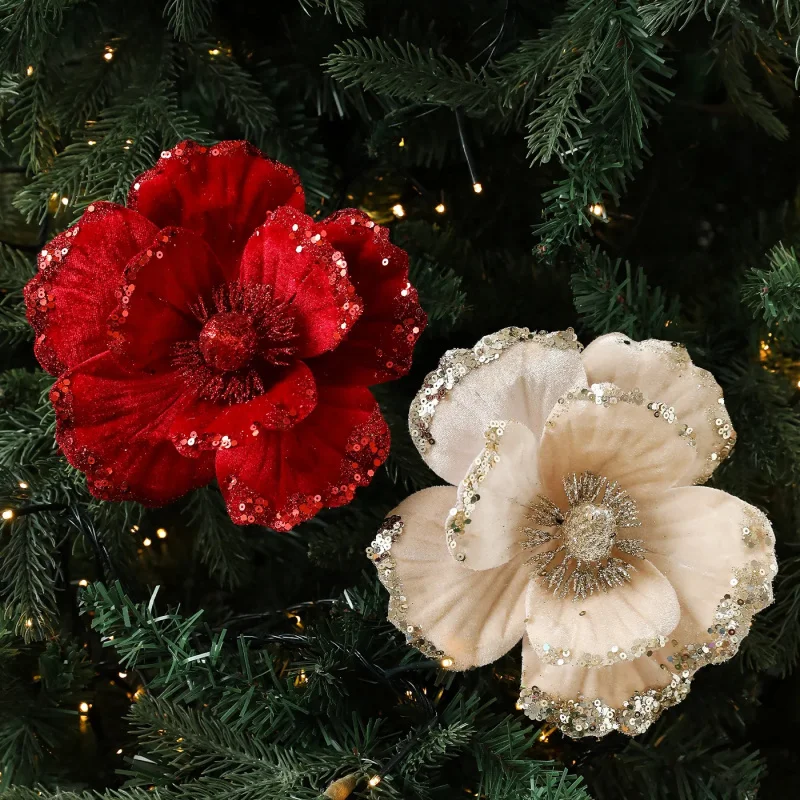 

15CM Red Velvet Christmas Flower Tree Ornament Glitter Christmas Flowers for Christmas Tree Decorations