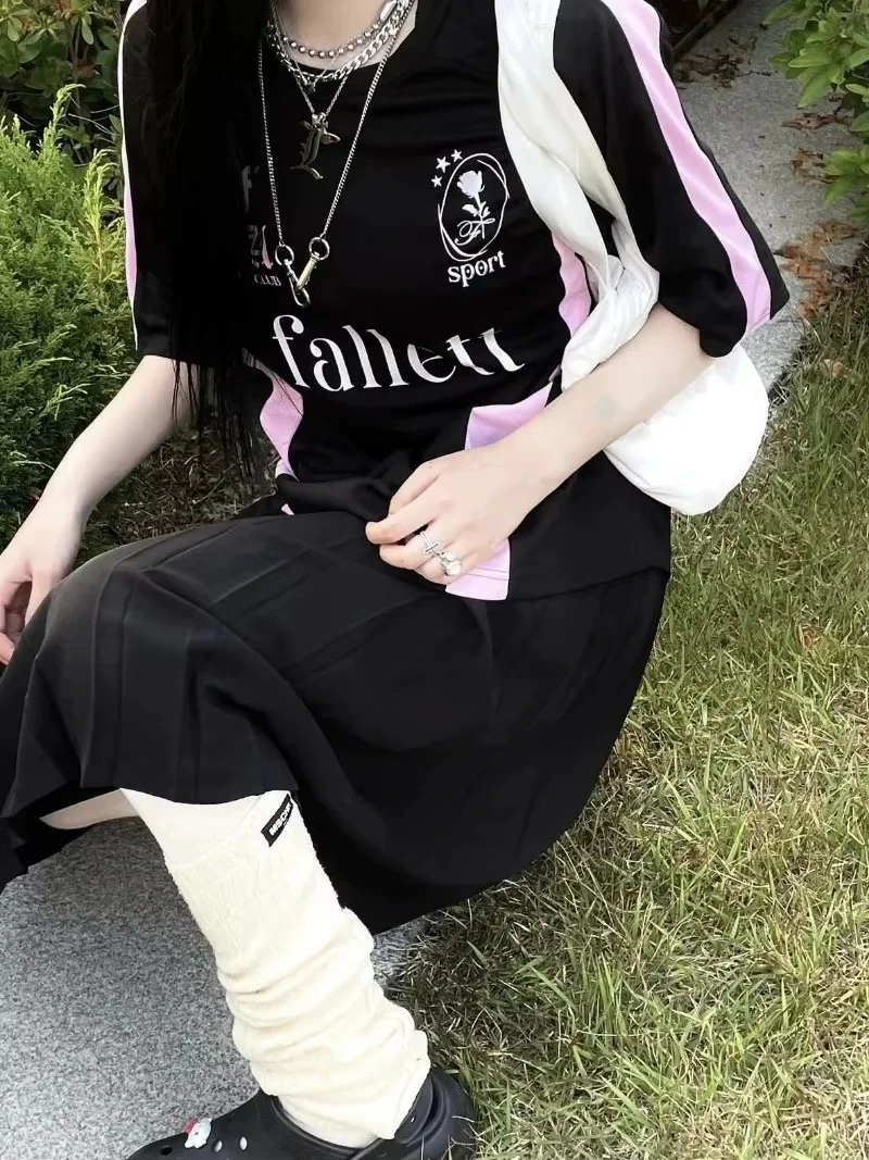 

New Arriavl Korean Summer Black Pink Retro Patchwork 21 Jersey T-shirt Sports Breathable Short Sleeve Casual T-shirt for Women