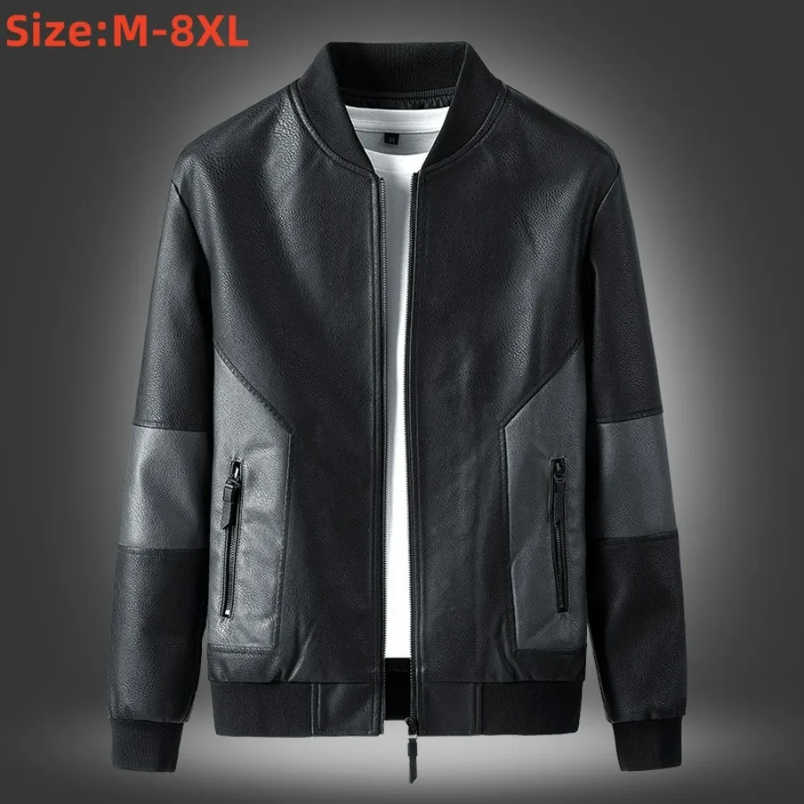 2024 Spring Autumn PU Leather Jackets Men Motorcycle Jackets Oversized Fashion Solid Stand Collar Leather Blazer Coats Male 8XL