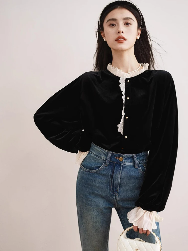 

Elegant Sweet Velvet Lace Patchwork Lantern Sleeve Loose Base Shirt Autumn Fashion Women's Premium Quality Long Sleeve Blouse