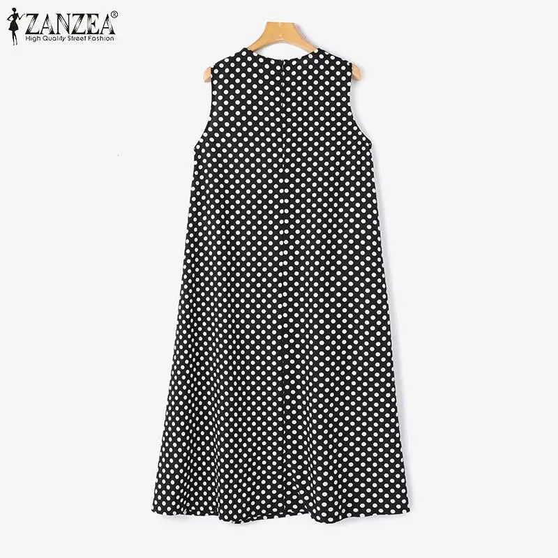 ZANZEA 보헤미안 포인트 도트 프린트 드레스 여성 여름 Vestidos 2024 우아한 섹시한 민소매 캐주얼 루즈 빈티지 비치 Sundress