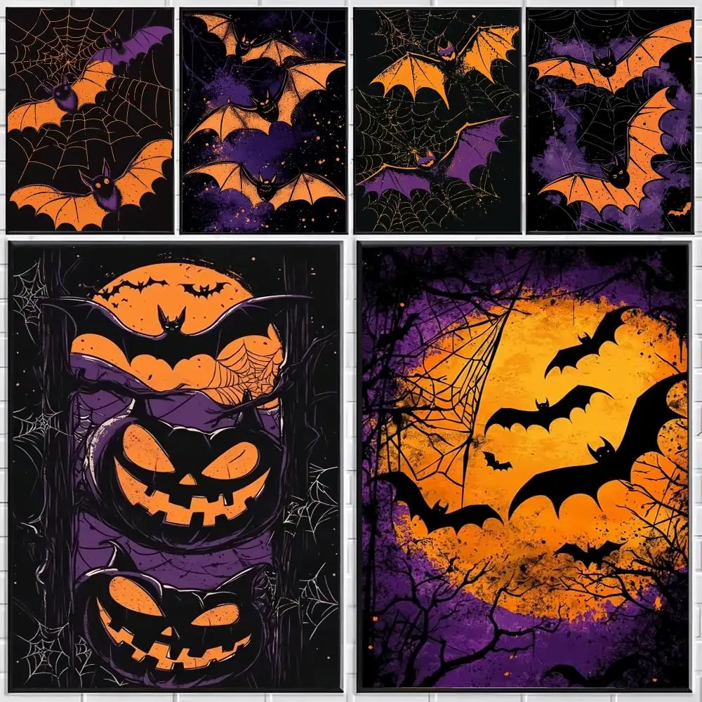 Halloween Bat and Jack O lantern Poster Stylish Wall Art for Bedroom Living Room Bar Café Home Decor Gift