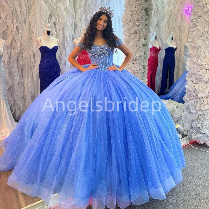 

Angelsbride Shiny Blue Princess Quinceanera Dresses Crystal Tull Ball Gown 16th Birthday Gowns Sweet 16 Vestidos De 15 Años