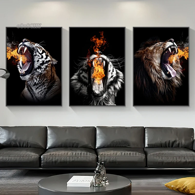 Wild Tiger Lion on Fire Artwork Canvas Painting Angry Roaring Lion and Tiger HD Prints Poster Mural for Home Decor Wall Art