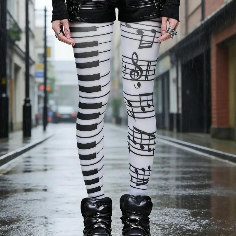 Women Stockings Musical Note Print White Opaque Pantyhose Piano Tights