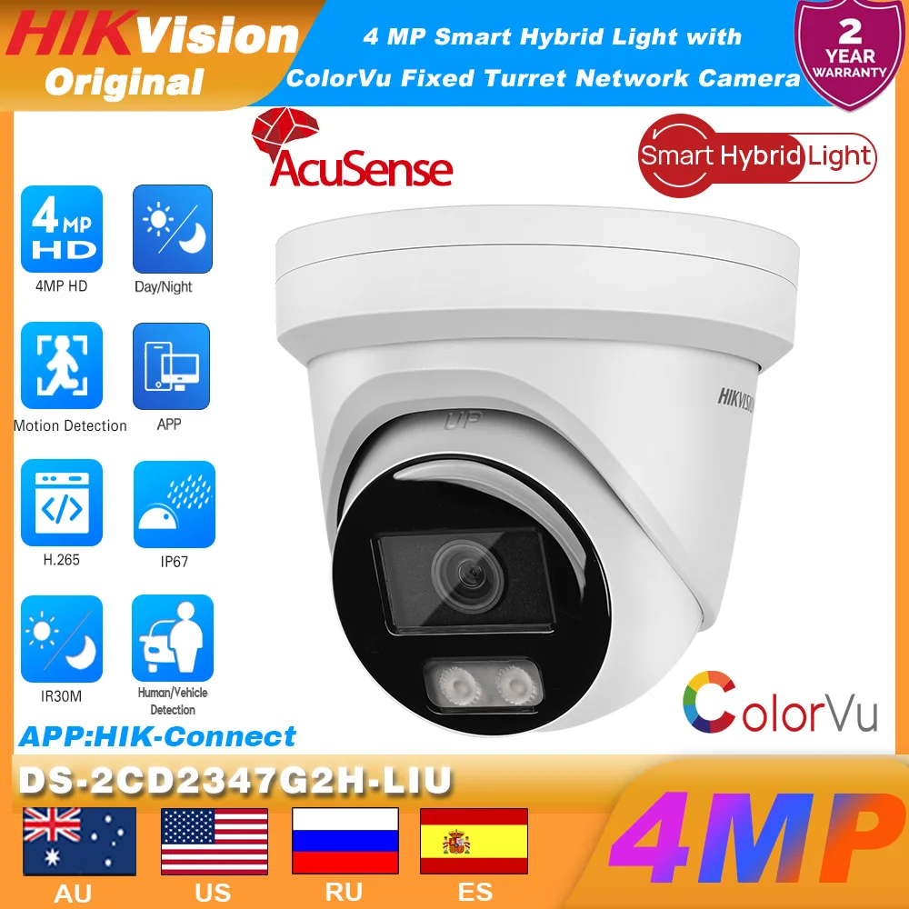 Hikvision 4MP DS-2CD2347G2H-LIU Smart Hybrid Light ColorVu POE IP Camera Acusense Built-in MIC SD Slot IP67 CCTV Surveillance