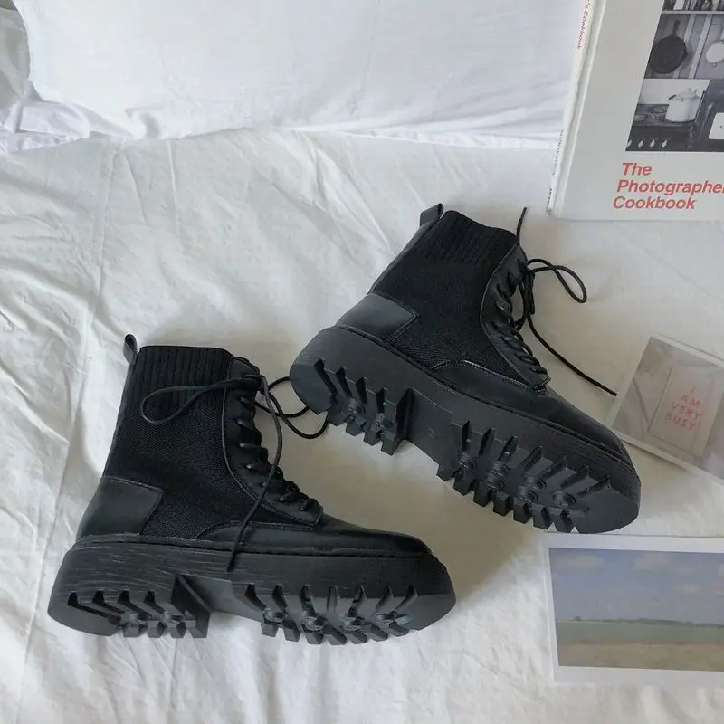 Sock Boots Lace-up Black Female Ankle Boots Punk Style Footwear with Laces Short Shoes for Women Fashion 2024 New Botines Mujer