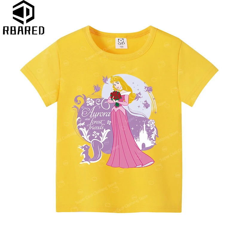 T-shirt per nuove ragazze estive 2024 Disney Rapunzel adatta per abbigliamento per bambini comodo abbigliamento per bambini in puro cotone al 100%