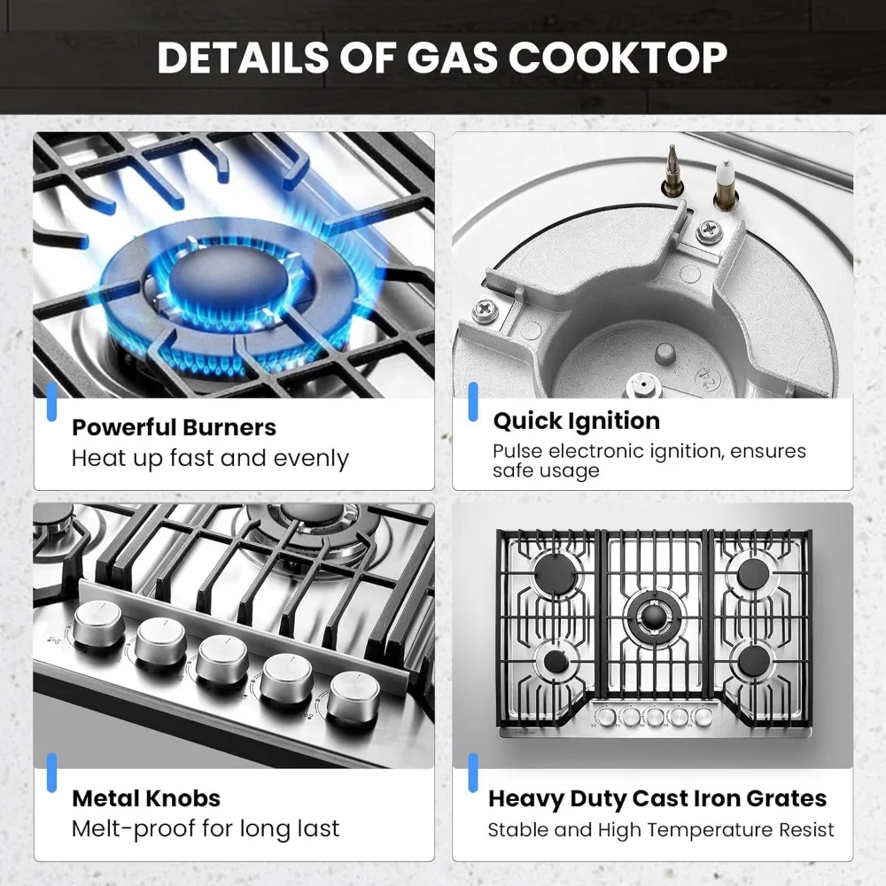 Estufa de gas de 30 pulgadas con 5 quemadores sellados, estufa empotrada de acero inoxidable con protección de termopar, gas