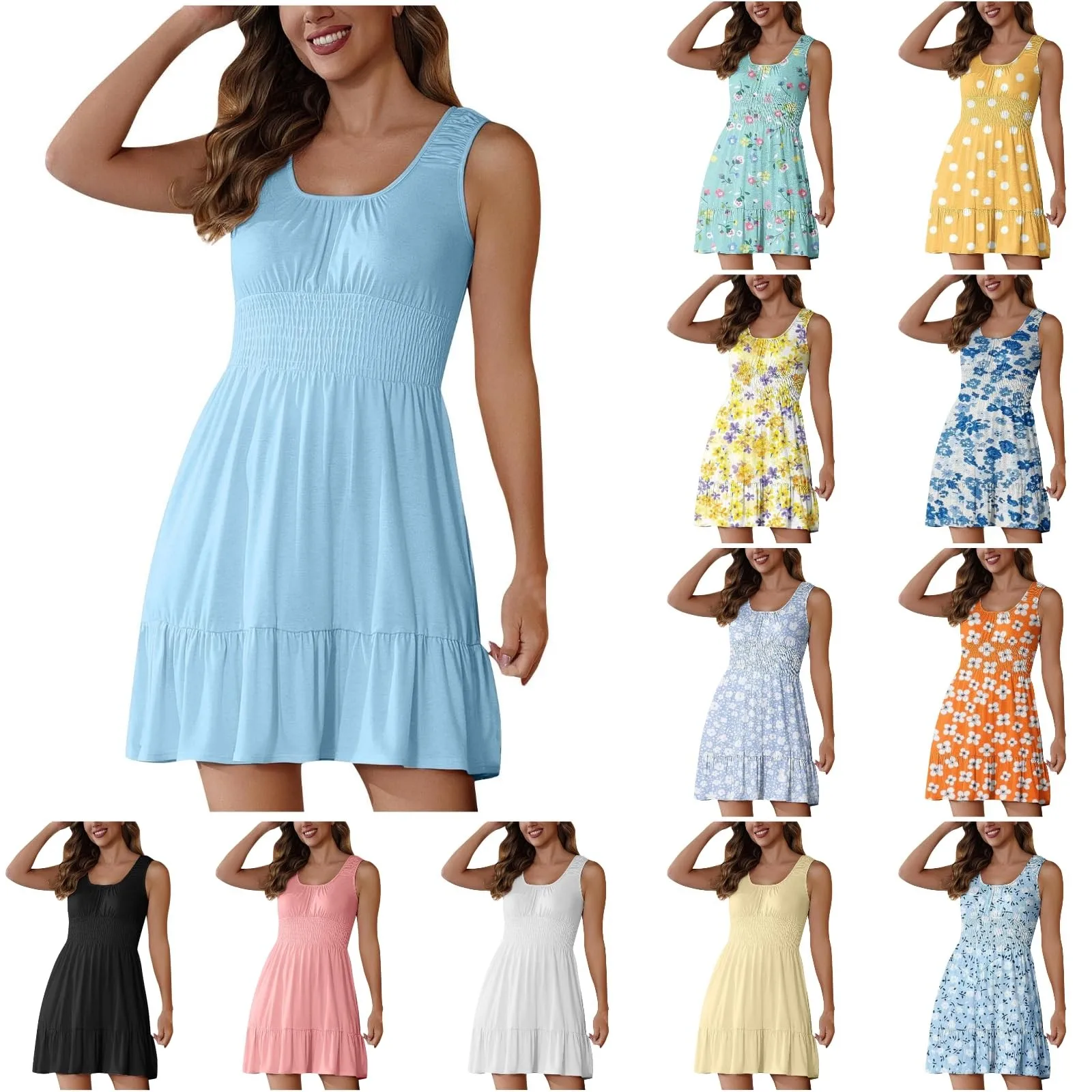 Female Casual Solid Color U-Neck Sleeveless Ruffles Mini Dress Boho Beach High Waist Skinny Sundress A-line Dress 2024 Summer