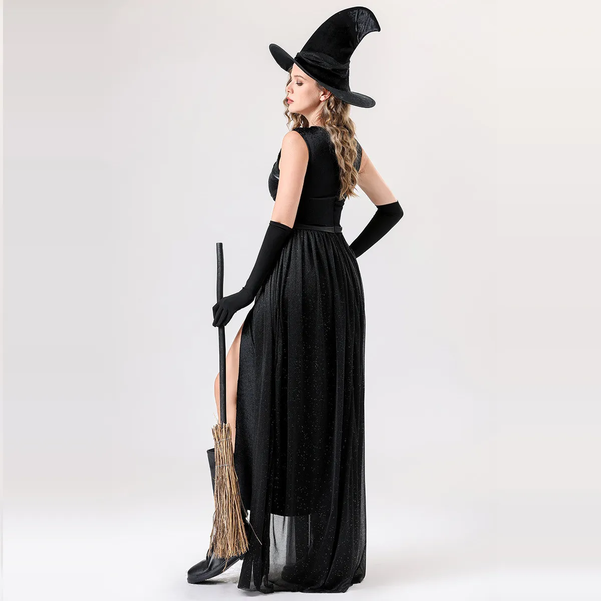 زي هالوين بأسلوب قوطي داكن، تنورة طويلة للساحرة، زي مصاص الدماء والموت باللون الأسود، زي تقليدي مثير للنساء بمقاسات كبيرة